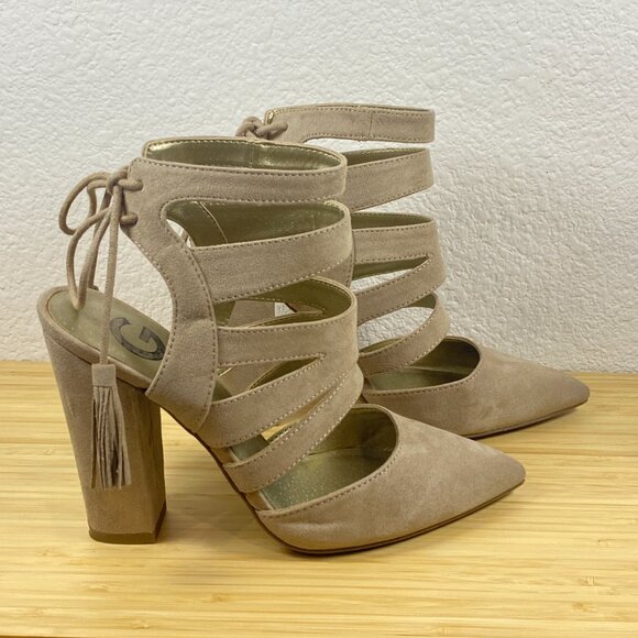 G by Guess Taupe Suede Caged Block Heels Pointed Toe Strappy Pumps Size 7 - Picture 3 of 8